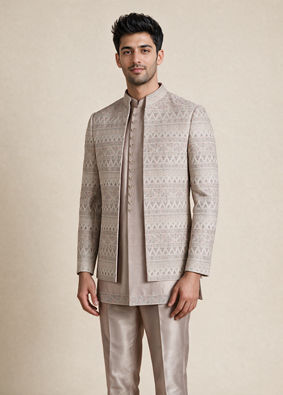 Manyavar Men Champagne Silk Indo Western Set with Jacket