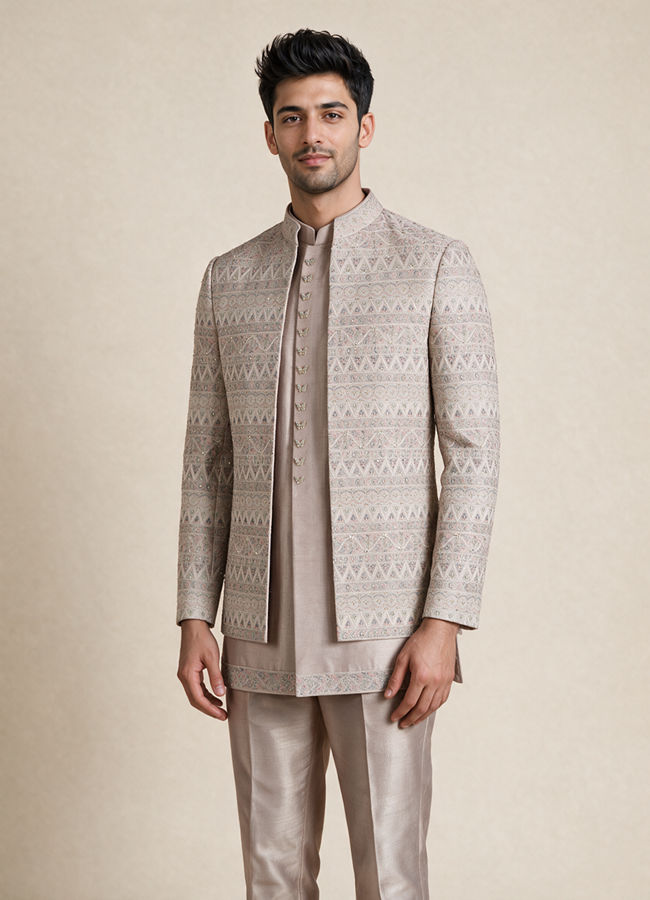 Manyavar Men Champagne Silk Indo Western Set with Jacket