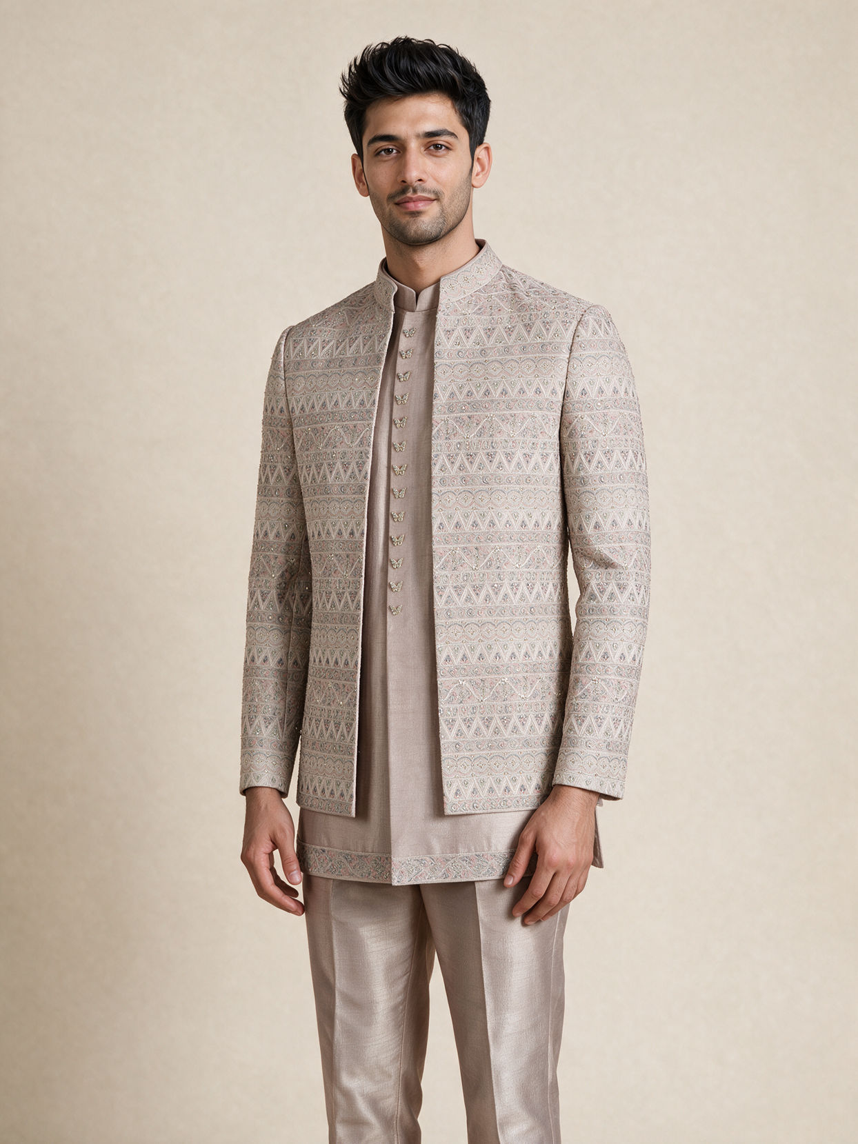 Manyavar Men Champagne Silk Indo Western Set with Jacket