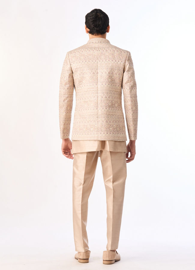 Manyavar Men Champagne Silk Indo Western Set with Jacket