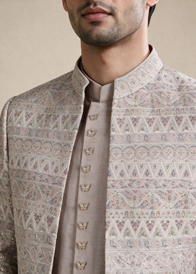 Manyavar Men Champagne Silk Indo Western Set with Jacket