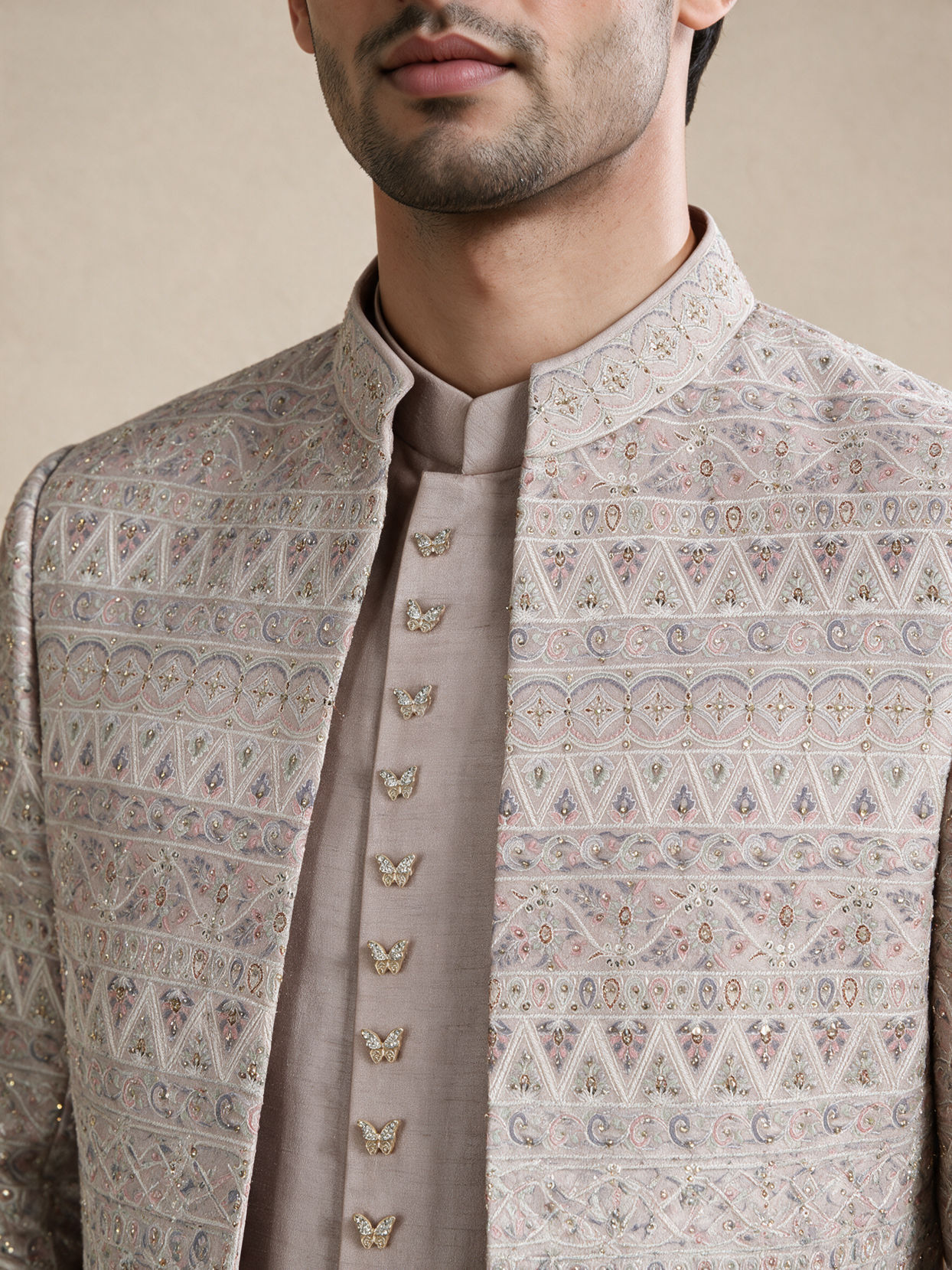 Manyavar Men Champagne Silk Indo Western Set with Jacket