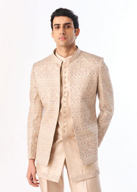 Manyavar Men Champagne Silk Indo Western Set with Jacket