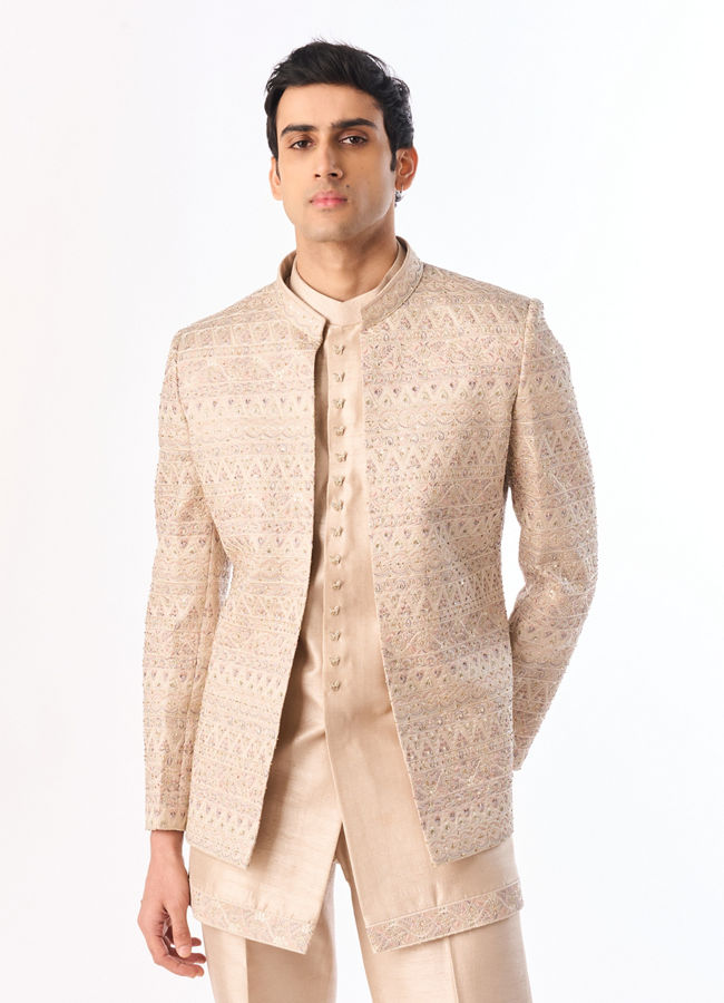 Manyavar Men Champagne Silk Indo Western Set with Jacket