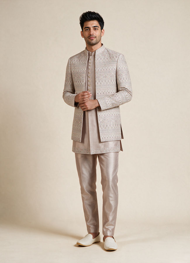 Manyavar Men Champagne Silk Indo Western Set with Jacket