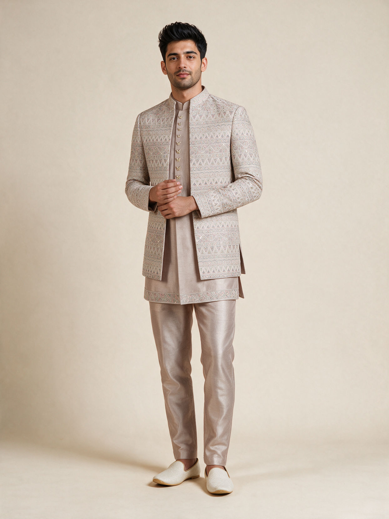 Manyavar Men Champagne Silk Indo Western Set with Jacket