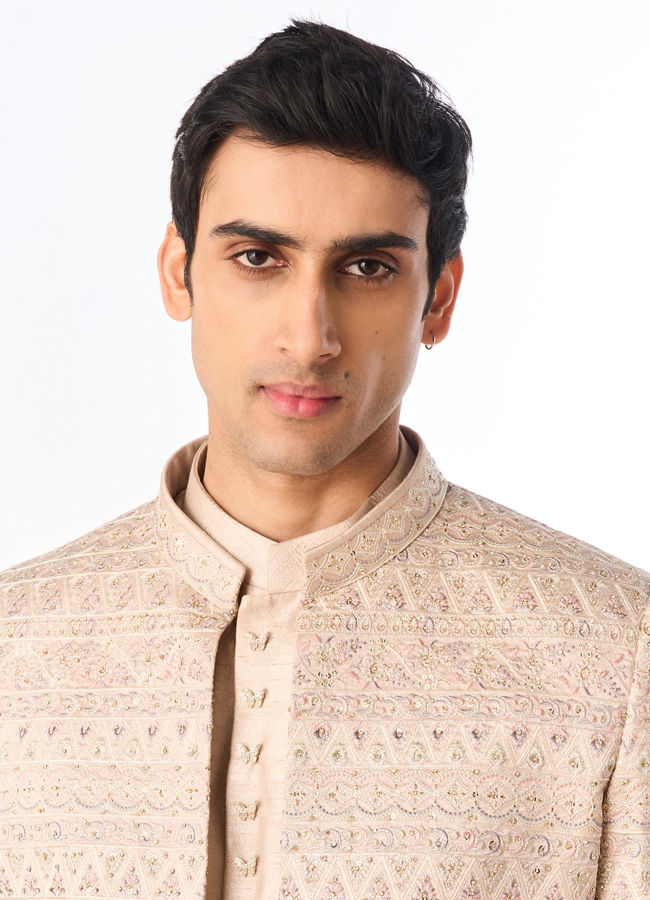 Manyavar Men Champagne Silk Indo Western Set with Jacket