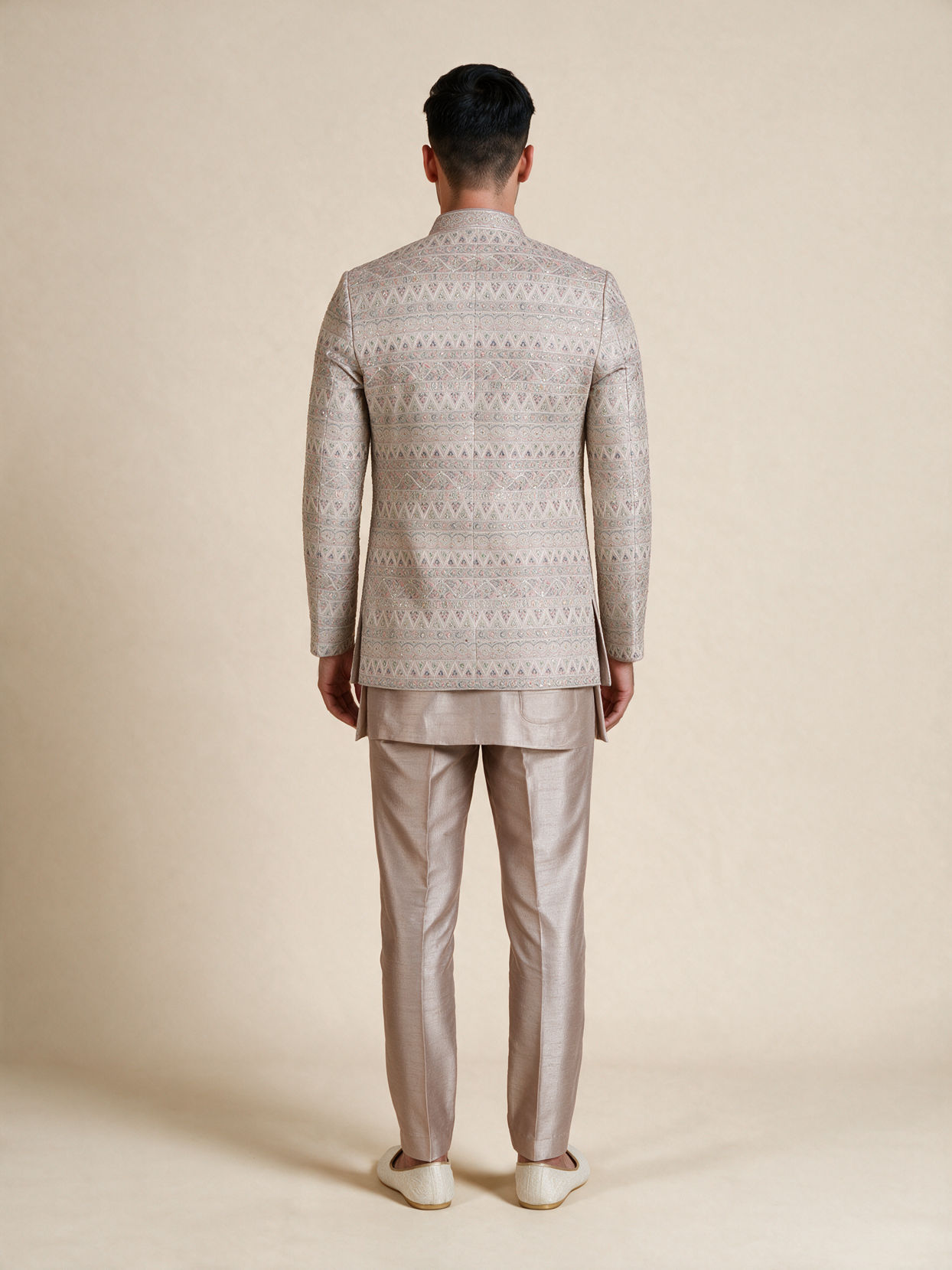 Manyavar Men Champagne Silk Indo Western Set with Jacket
