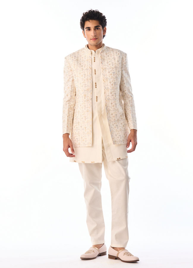 Manyavar Men Cream Blended Cotton Indo Western with Embroidery