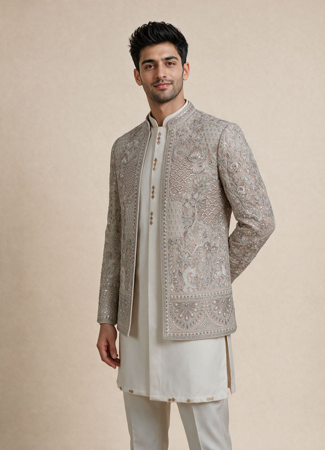 Buy Cream Blended Cotton Indo Western with Embroidery for Men Online ...