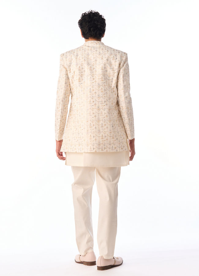 Manyavar Men Cream Blended Cotton Indo Western with Embroidery