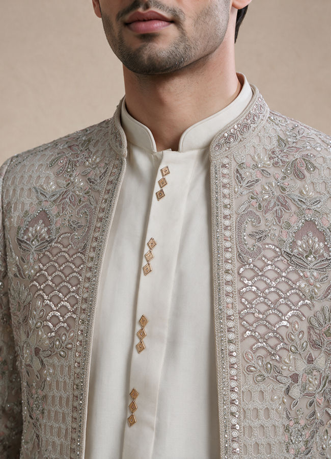Buy Cream Blended Cotton Indo Western with Embroidery for Men Online ...