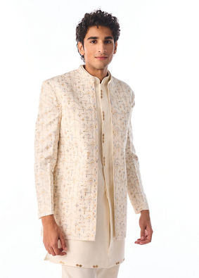 Manyavar Men Cream Blended Cotton Indo Western with Embroidery