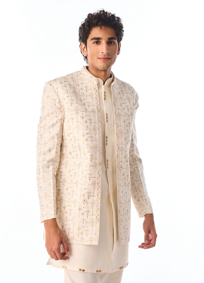 Manyavar Men Cream Blended Cotton Indo Western with Embroidery