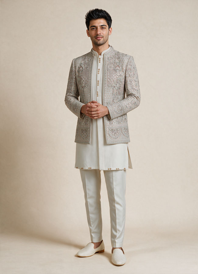 Buy Cream Blended Cotton Indo Western with Embroidery for Men Online ...