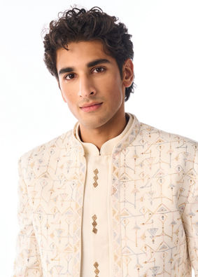 Manyavar Men Cream Blended Cotton Indo Western with Embroidery