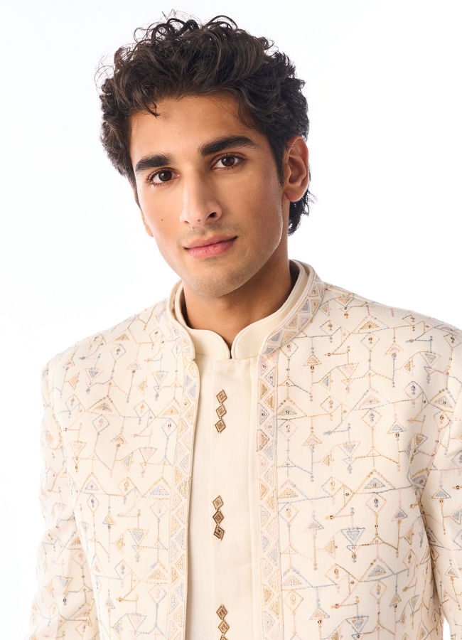Manyavar Men Cream Blended Cotton Indo Western with Embroidery