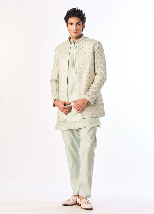 Manyavar Men Light Mid Green Blended Viscose Indo Western Jacket Set