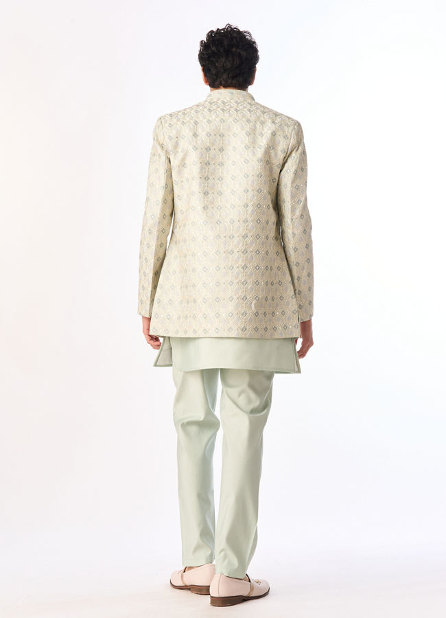 Manyavar Men Light Mid Green Blended Viscose Indo Western Jacket Set