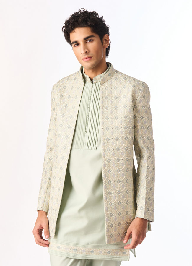 Manyavar Men Light Mid Green Blended Viscose Indo Western Jacket Set