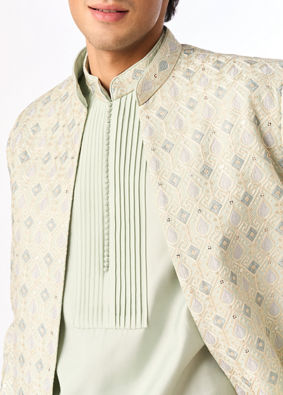 Manyavar Men Light Mid Green Blended Viscose Indo Western Jacket Set