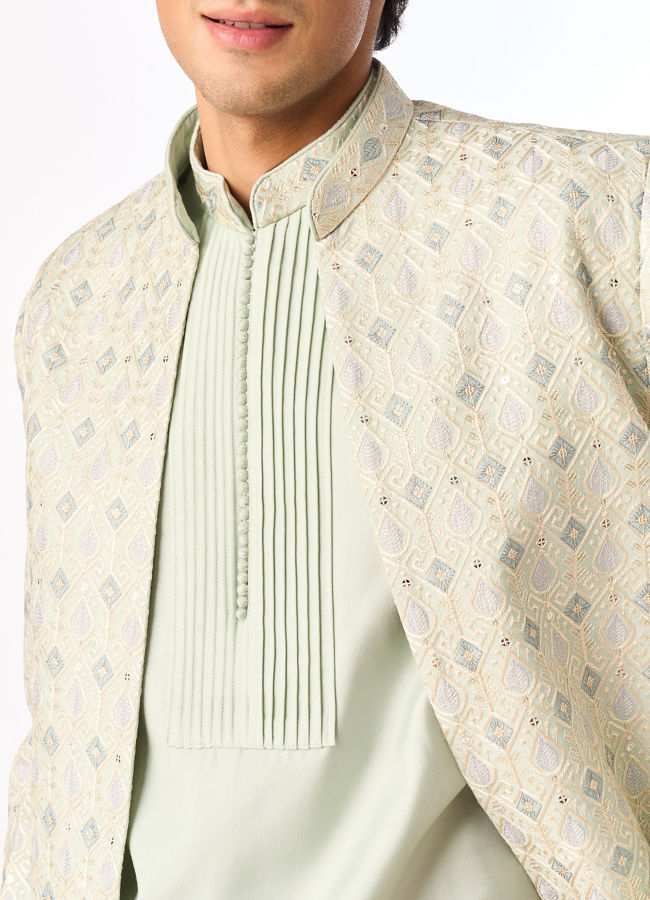 Manyavar Men Light Mid Green Blended Viscose Indo Western Jacket Set