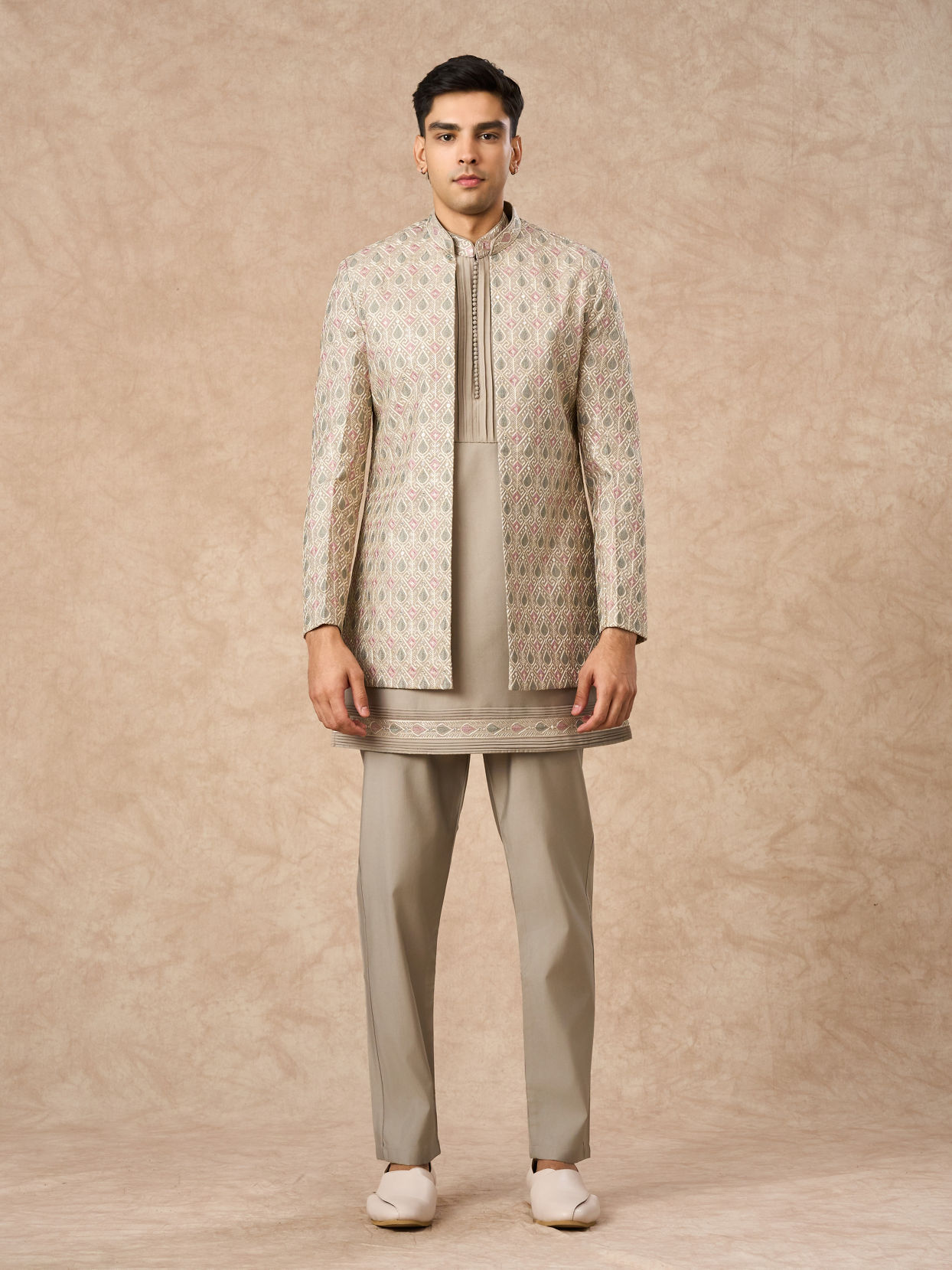 Manyavar Men Beige Blended Viscose Indo Western Jacket with Embroidery