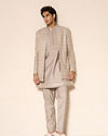 Manyavar Men Beige Blended Viscose Indo Western Jacket with Embroidery