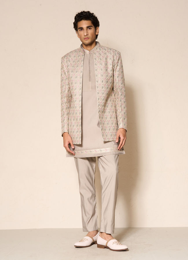 Manyavar Men Beige Blended Viscose Indo Western Jacket with Embroidery