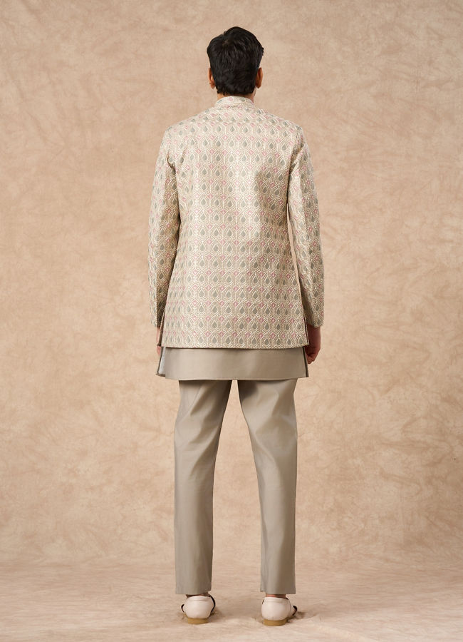 Manyavar Men Beige Blended Viscose Indo Western Jacket with Embroidery