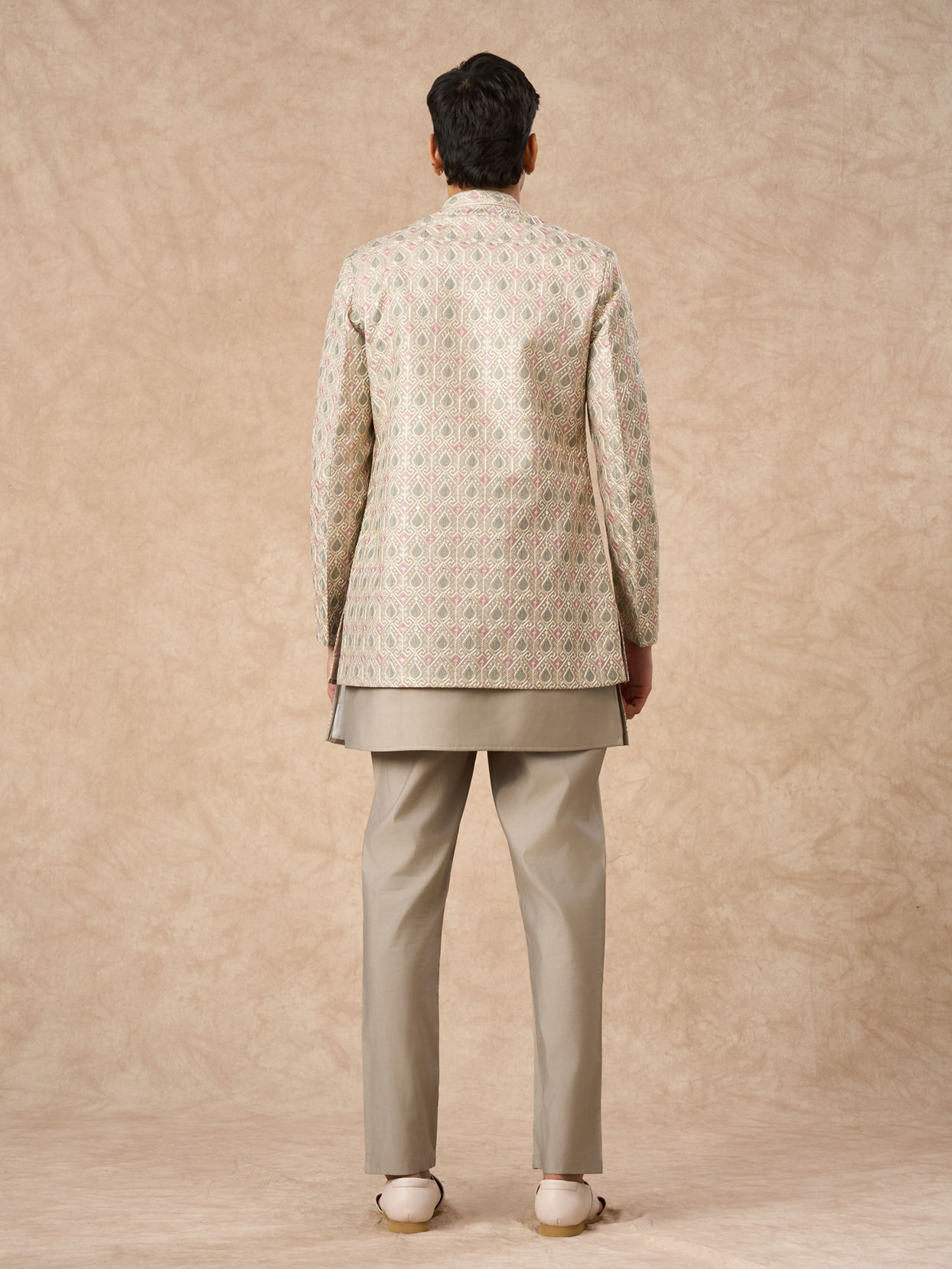 Manyavar Men Beige Blended Viscose Indo Western Jacket with Embroidery