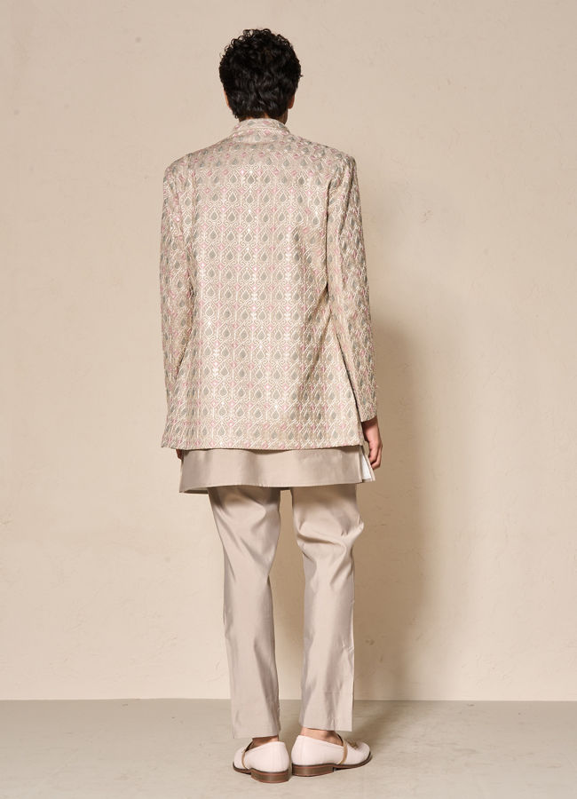 Manyavar Men Beige Blended Viscose Indo Western Jacket with Embroidery