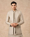 Manyavar Men Beige Blended Viscose Indo Western Jacket with Embroidery