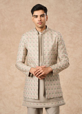 Manyavar Men Beige Blended Viscose Indo Western Jacket with Embroidery