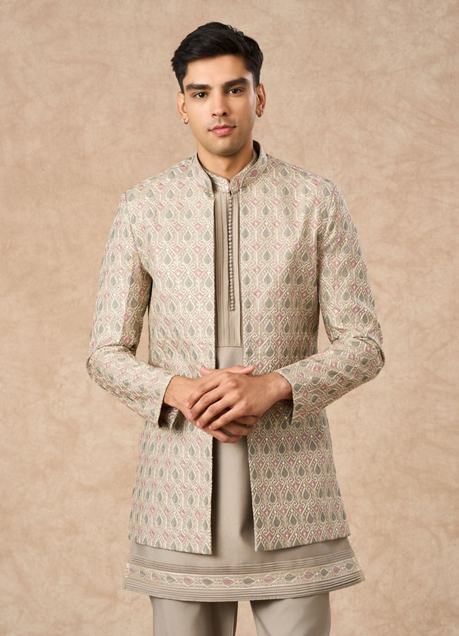 Manyavar Men Beige Blended Viscose Indo Western Jacket with Embroidery