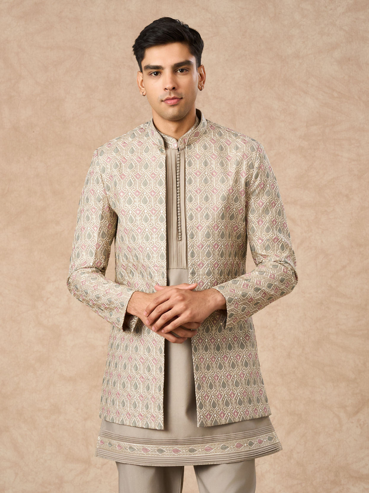 Manyavar Men Beige Blended Viscose Indo Western Jacket with Embroidery