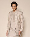 Manyavar Men Beige Blended Viscose Indo Western Jacket with Embroidery