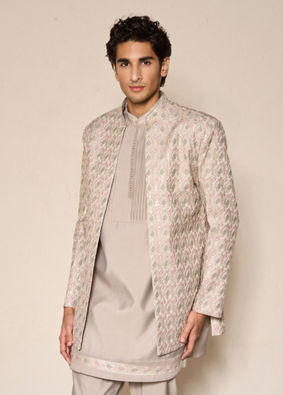 Manyavar Men Beige Blended Viscose Indo Western Jacket with Embroidery