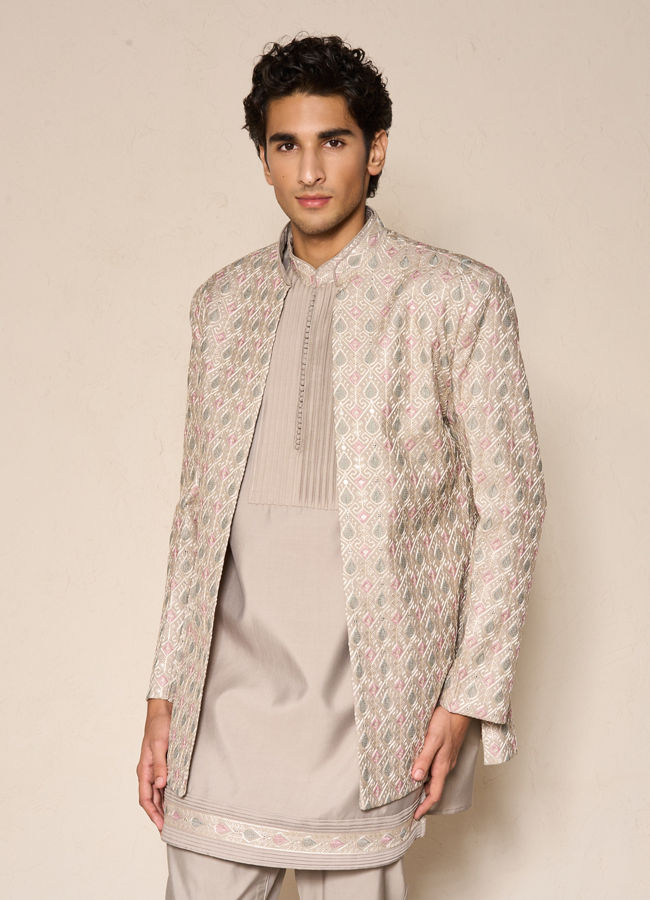 Manyavar Men Beige Blended Viscose Indo Western Jacket with Embroidery