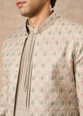 Manyavar Men Beige Blended Viscose Indo Western Jacket with Embroidery