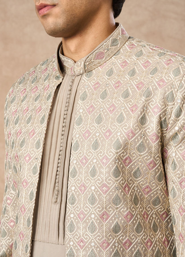 Manyavar Men Beige Blended Viscose Indo Western Jacket with Embroidery