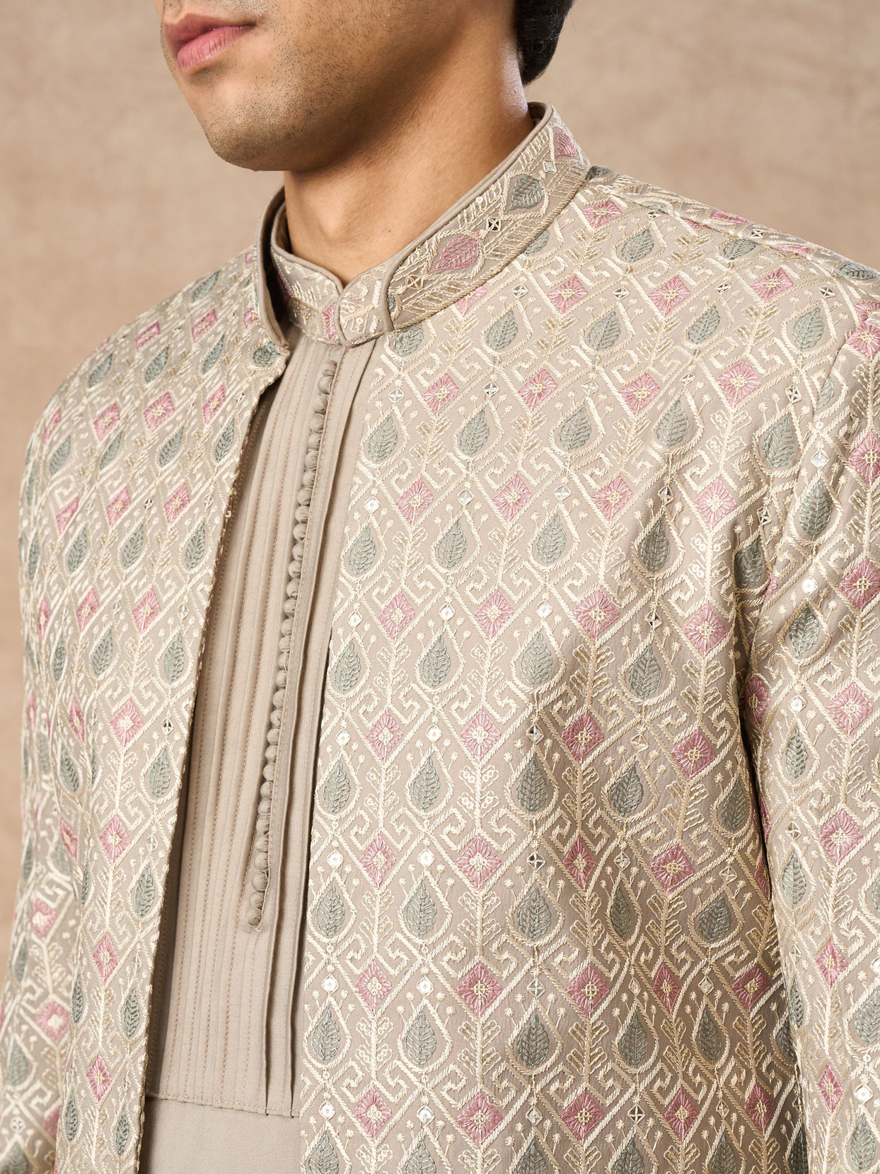Manyavar Men Beige Blended Viscose Indo Western Jacket with Embroidery
