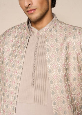 Manyavar Men Beige Blended Viscose Indo Western Jacket with Embroidery