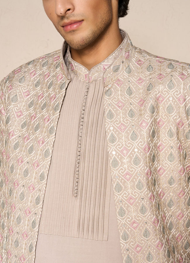 Manyavar Men Beige Blended Viscose Indo Western Jacket with Embroidery