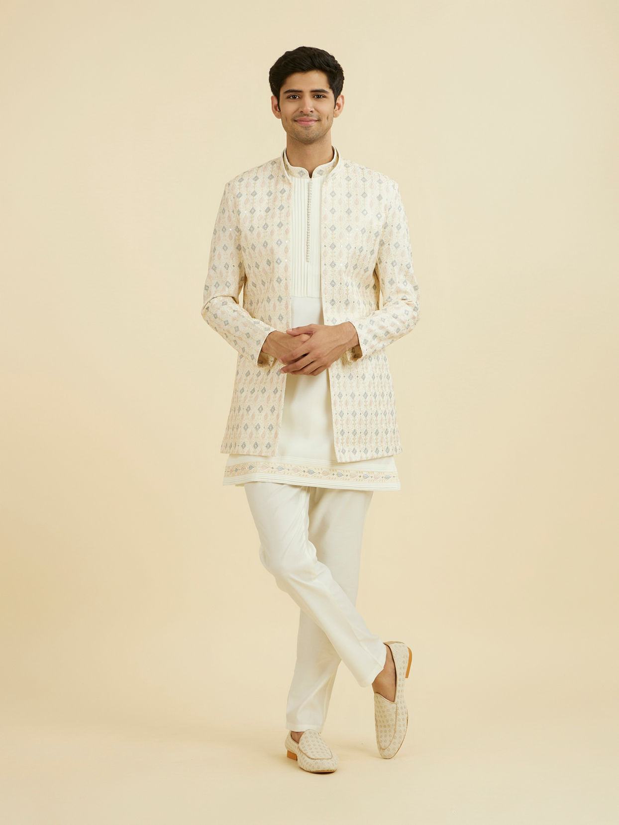 Manyavar Men Elegant Cream Indo Western