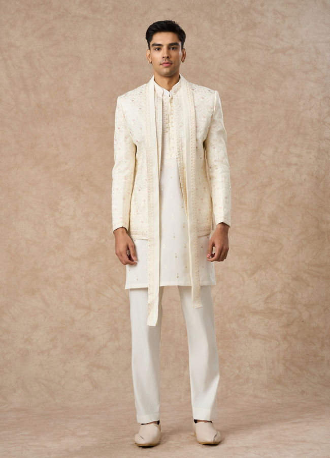 Manyavar Men Cream Blended Viscose Indo Western with Dupatta