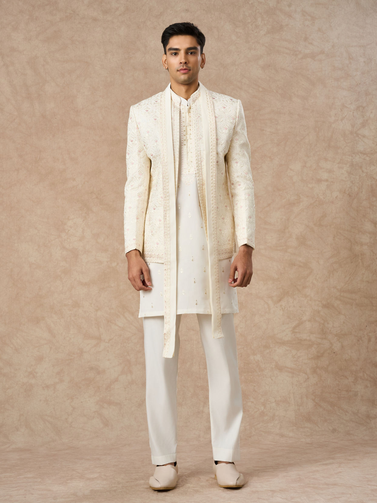 Manyavar Men Cream Blended Viscose Indo Western with Dupatta