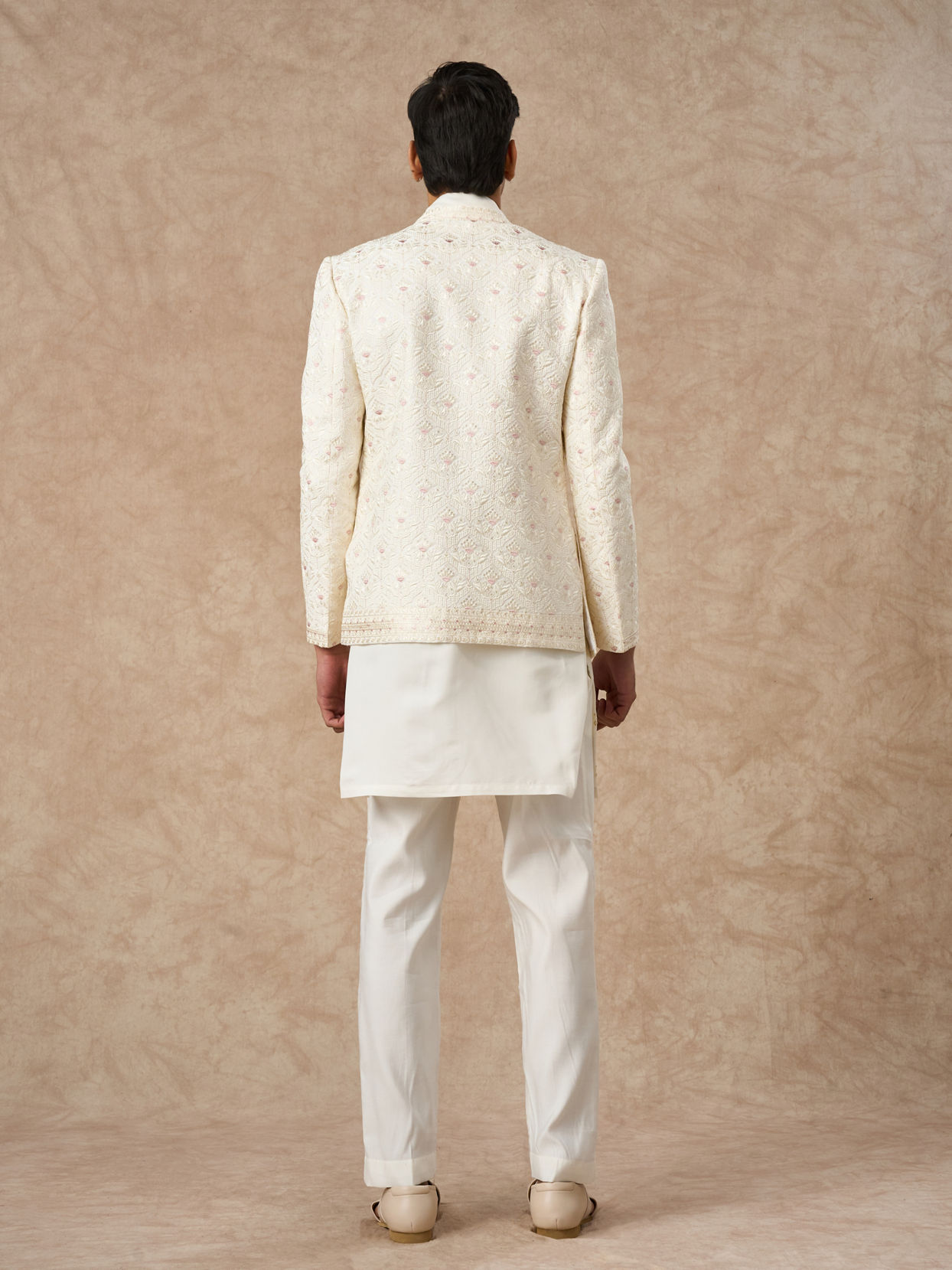 Manyavar Men Cream Blended Viscose Indo Western with Dupatta