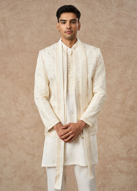 Manyavar Men Cream Blended Viscose Indo Western with Dupatta