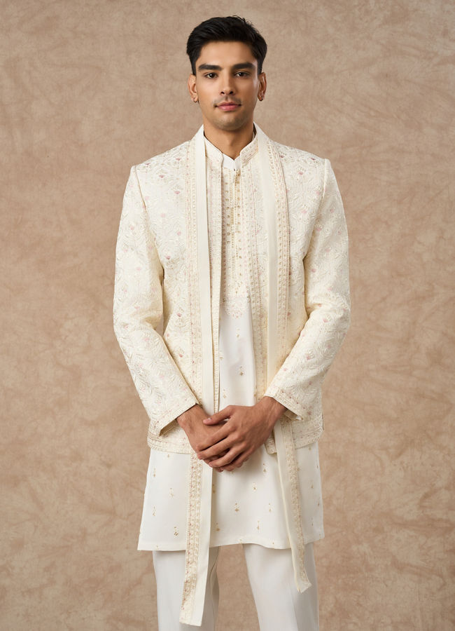 Manyavar Men Cream Blended Viscose Indo Western with Dupatta